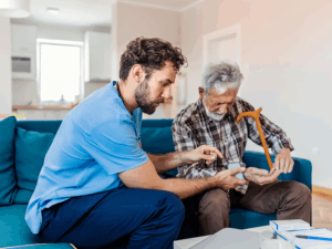 caregiver helping father stand